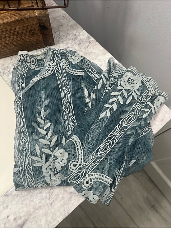 Adam Levine Collection Tops - Adam Levine Collection Teal Lace Overlay Top with White Embroidery